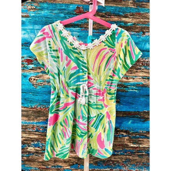 Lilly Pulitzer Girls Terrycloth Swim Cover Up Green Pink Tiki Dress Size S (4-5) - Picture 2 of 10